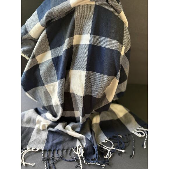 Buffalo Check Blue Black White Rectangle Scarf Fringe Academia Preppy Casual - Picture 7 of 7